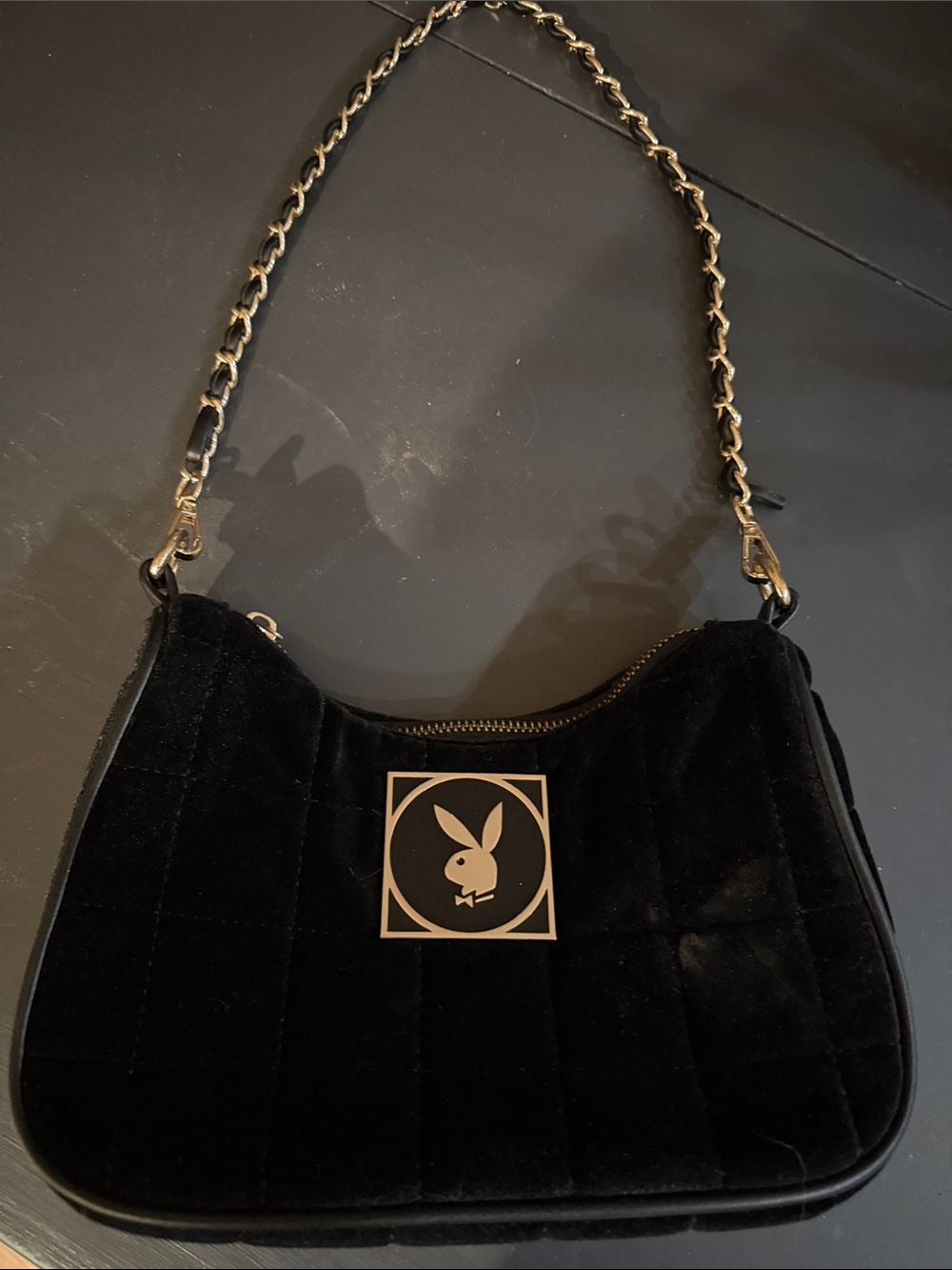 PLAYBOY Y2K Vintage Black Quilted Velvet Shoulder Bag with Gold Logo